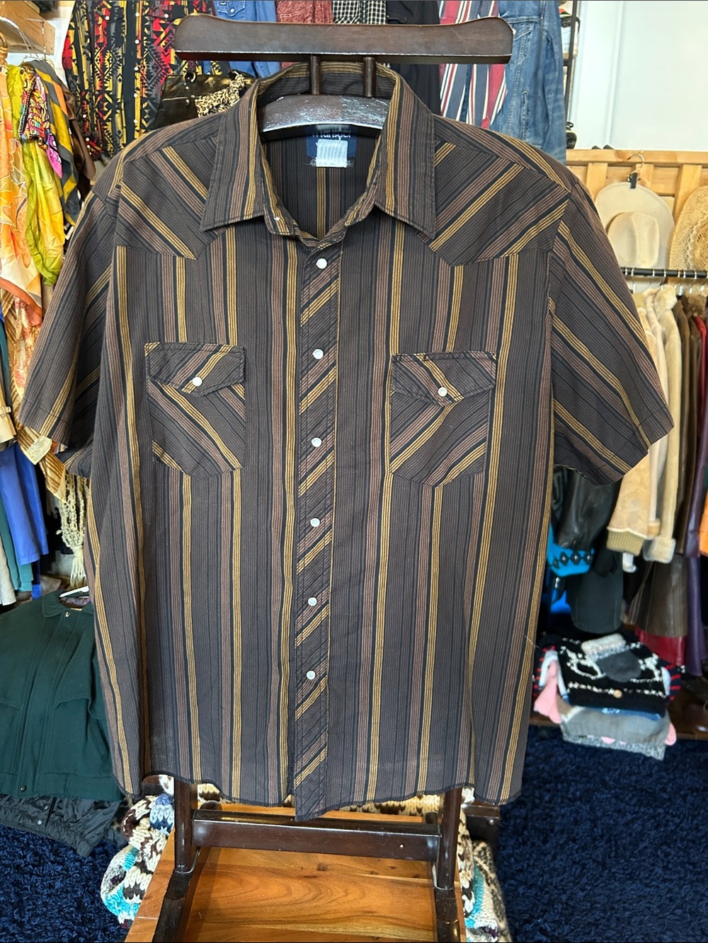 Wrangler Western Brown Striped Short-Sleeve Shirt Pearl Snap Shirt